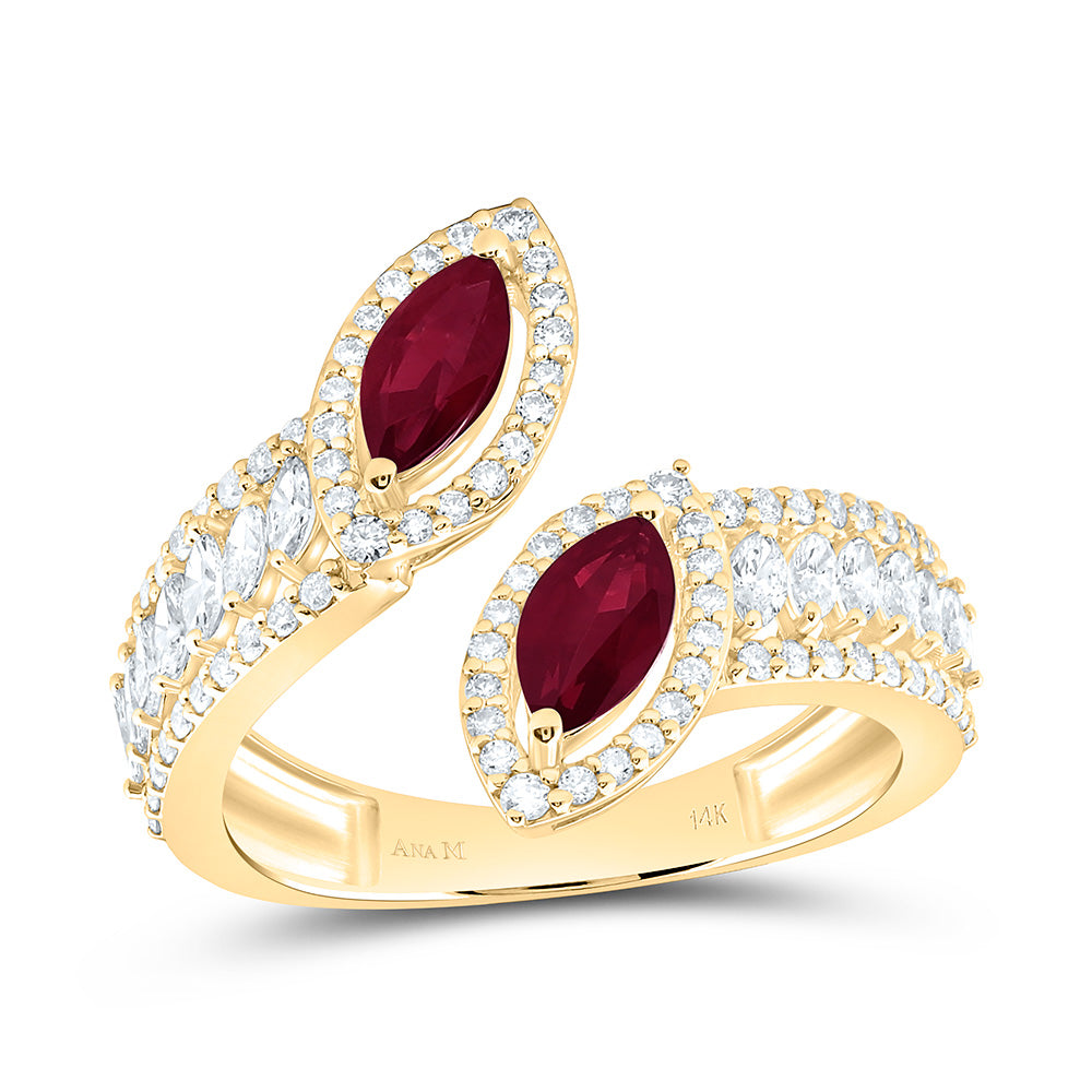 14k Gold 3/4 CTW-Natural Diamond 7 X 3 MM Mq-Ru Natural Gemstone Marquise Ring