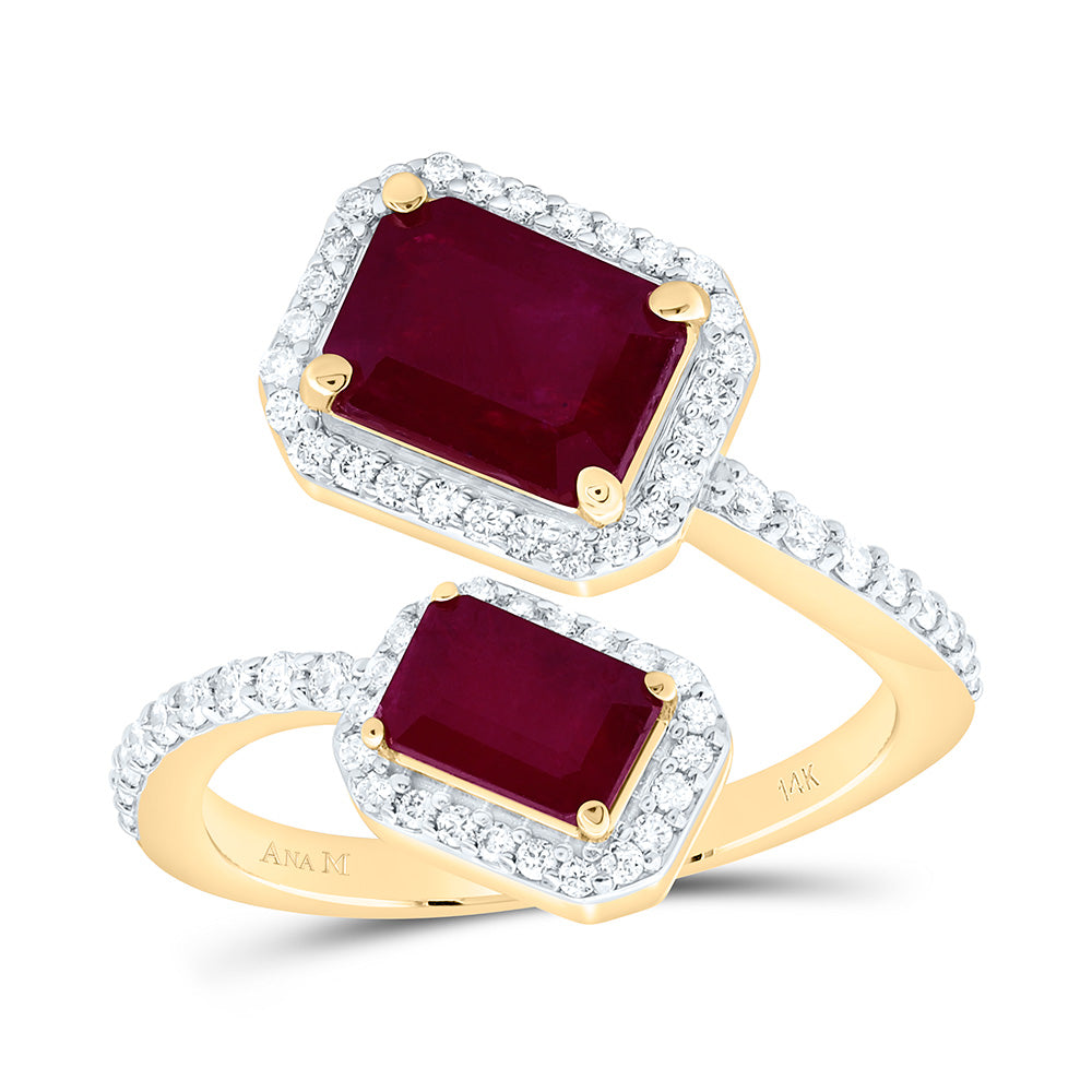 14k Gold 3/8 CTW-Natural Diamond 8 X 6 Mm, 6 X 4 MM Em-Ru Natural Gemstone Emerald Ring