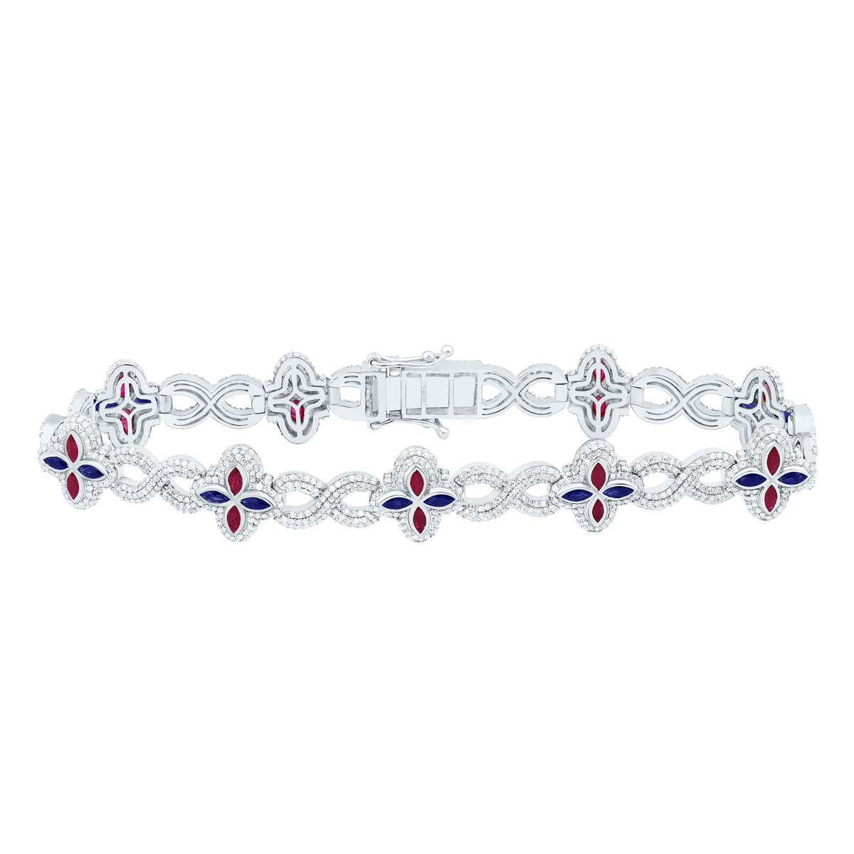 10k Gold 4 1/2 CTW-Natural Diamond 1 1/2 Ct-Mq-Ru, 1 7/8 Ct-Mq-Bs, Natural Gemstone Infinity Clover Mens Bracelet (8 Inch )