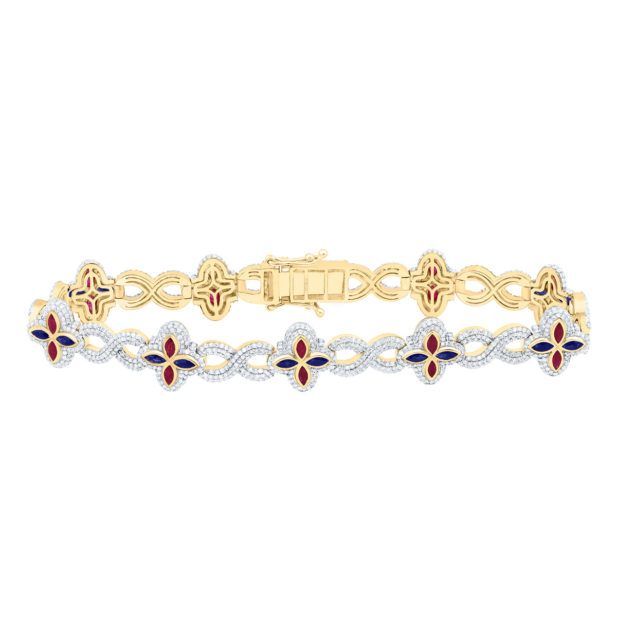 10k Gold 4 7/8 CTW-Natural Diamond 1 5/8 Ct-Mq-Ru, 1 7/8 Ct-Mq-Bs, Natural Gemstone Infinity Clover Mens Bracelet (8 Inch )