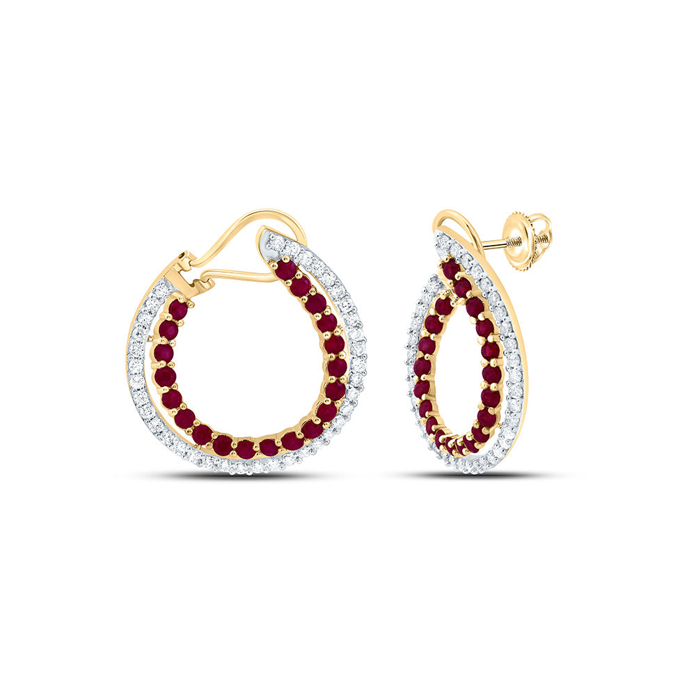 14k Gold 7/8 CTW-Natural Diamond 1 5/8 Ct-Rd-Ru Natural Gemstone Hoop Earring