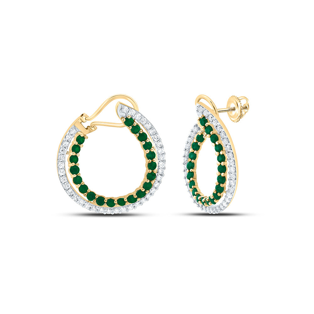 14k Gold 7/8 CTW-Natural Diamond 1 Ct-Rd-Em Natural Gemstone Hoop Earring