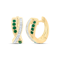 14k Gold 1/8 CTW-Natural Diamond 1/5 Ct-Rd-Em Natural Gemstone Hoop Earring