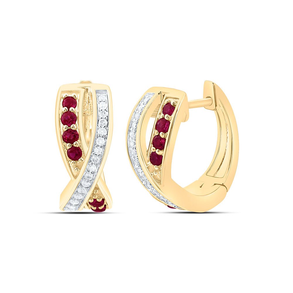 14k Gold 1/8 CTW-Natural Diamond 1/5 Ct-Rd-Ru Natural Gemstone Hoop Earring