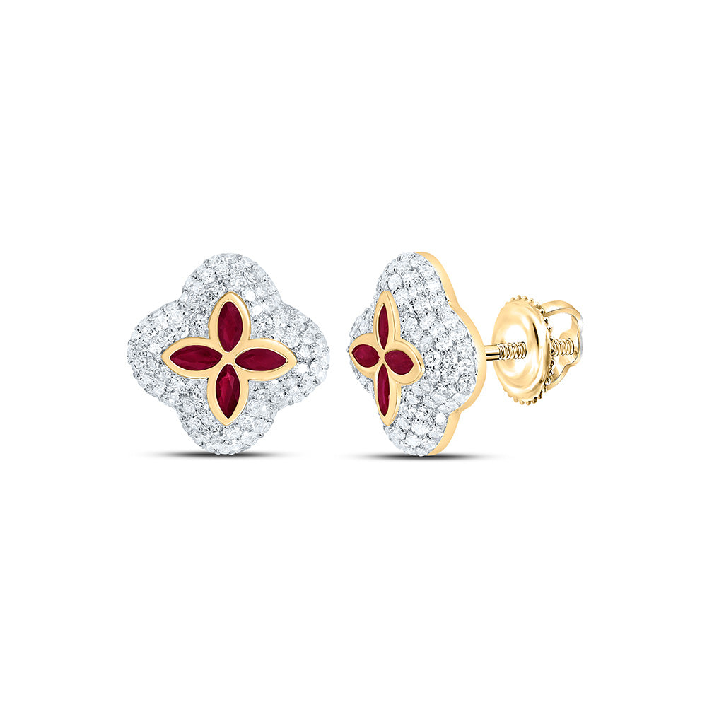14k Gold 5/8 CTW-Natural Diamond 1/3 Ct-Mq-Ru Natural Gemstone Clover Earring