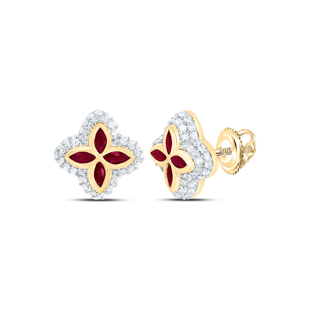 14k Gold 1/3 CTW-Natural Diamond 1/3 Ct-Mq-Ru Natural Gemstone Clover Earring