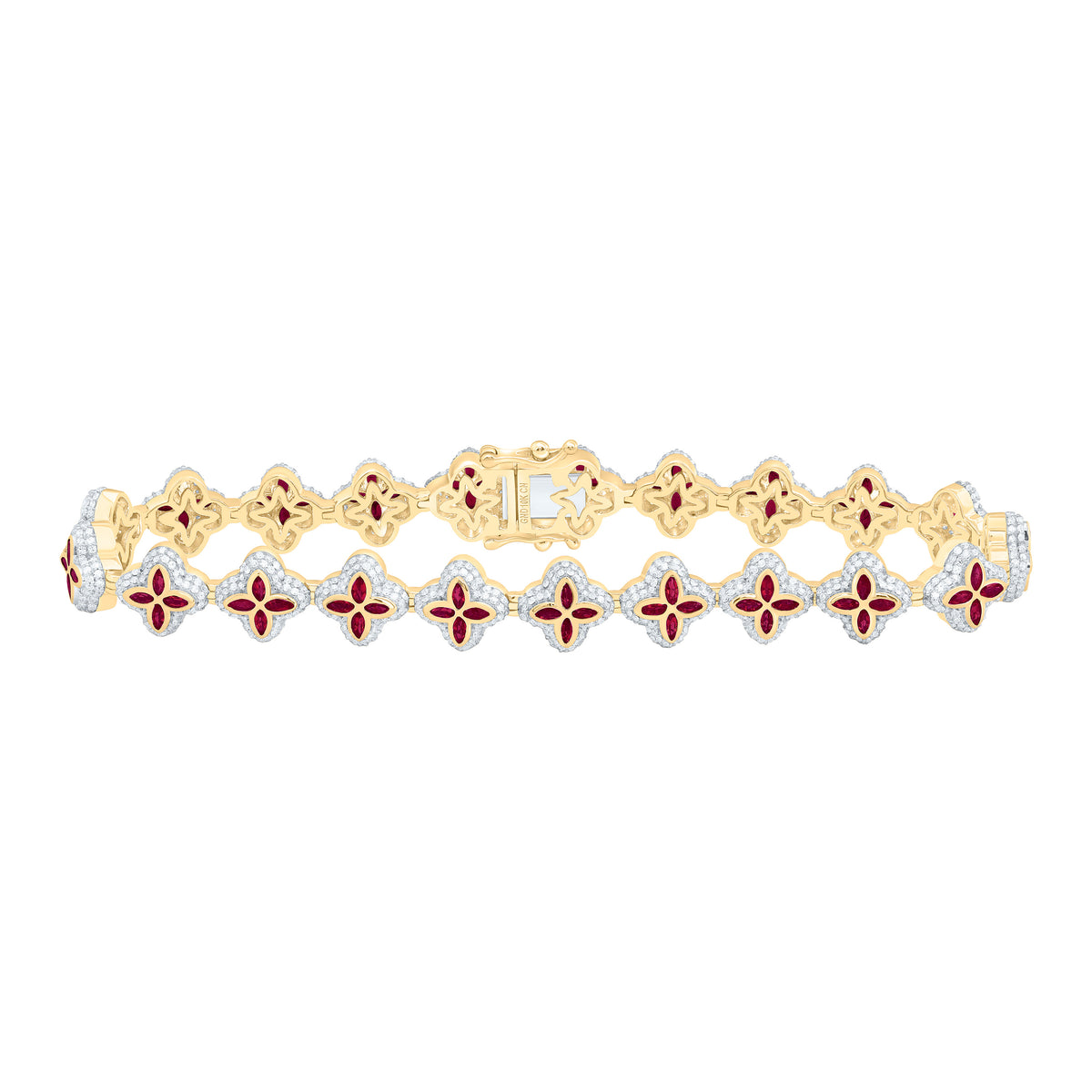 10k Gold 3 CTW-Natural Diamond 3 3/4 Ct-Mq-Ru Natural Gemstone Clover Mens Bracelet (8 Inch )
