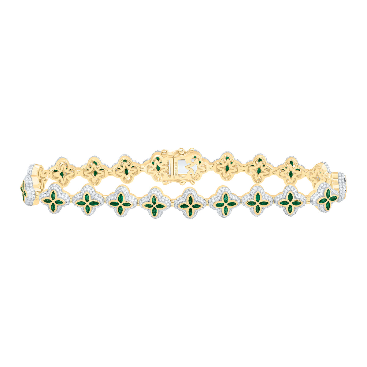 10k Gold 3 CTW-Natural Diamond 2 3/4 Ct-Mq-Em Natural Gemstone Clover Mens Bracelet (8 Inch )