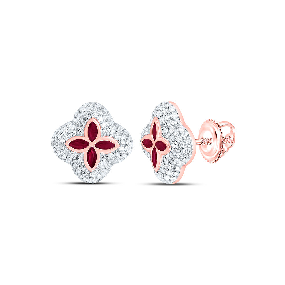 10k Gold 5/8 CTW-Natural Diamond 1/3 Ct-Mq-Ru Natural Gemstone Clover Earring