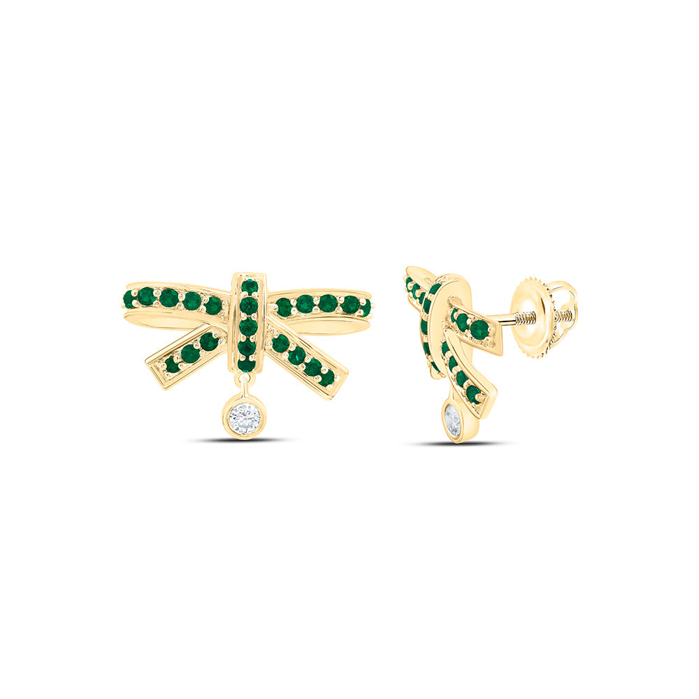 14k Gold 1/20 CTW-Natural Diamond 1/4 Ct-Rd-Em Natural Gemstone Bow Earring