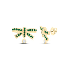 14k Gold 1/20 CTW-Natural Diamond 1/4 Ct-Rd-Em Natural Gemstone Bow Earring