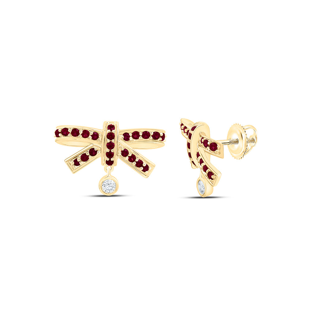 14k Gold 1/20 CTW-Natural Diamond 1/3 Ct-Rd-Ru Natural Gemstone Bow Earring