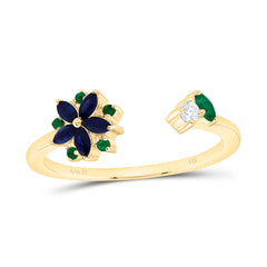 14k Gold 0.03 CTW-Natural Diamond 1/20 Ct- Rd-Em, 1/8 Ct-Mq-Bs, 3X1.50MM-Mq-Em Natural Gemstone Flower Ring