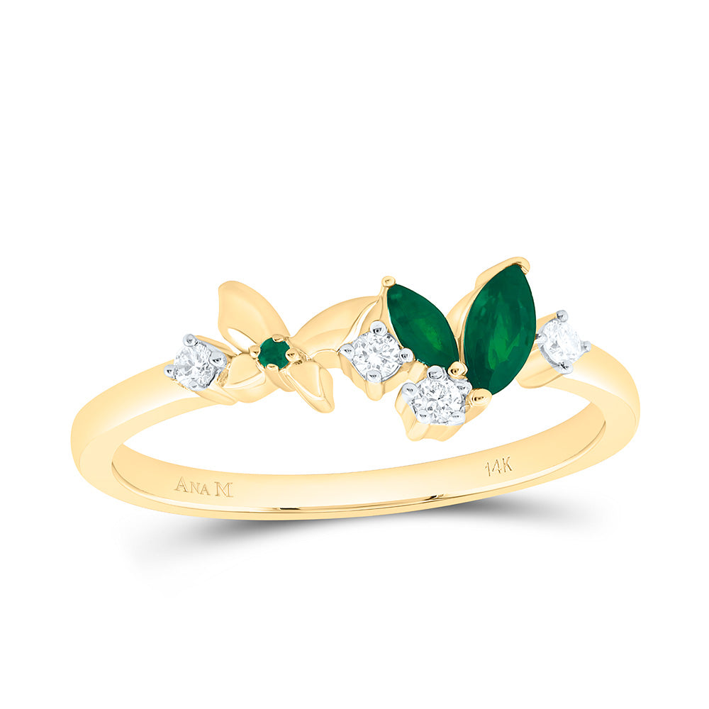 14k Gold 1/12 CTW-Natural Diamond 1.20MM-Rd-Em, 1/5 Ct-Mq-Em Natural Gemstone Butterfly Ring