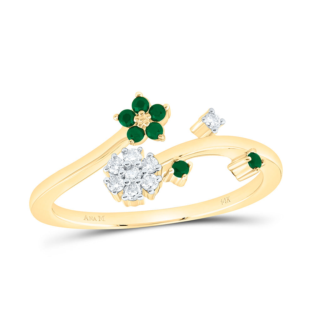 14k Gold 1/10 CTW-Natural Diamond 1/12 Ct-Rd-Em, Natural Gemstone Flower Ring