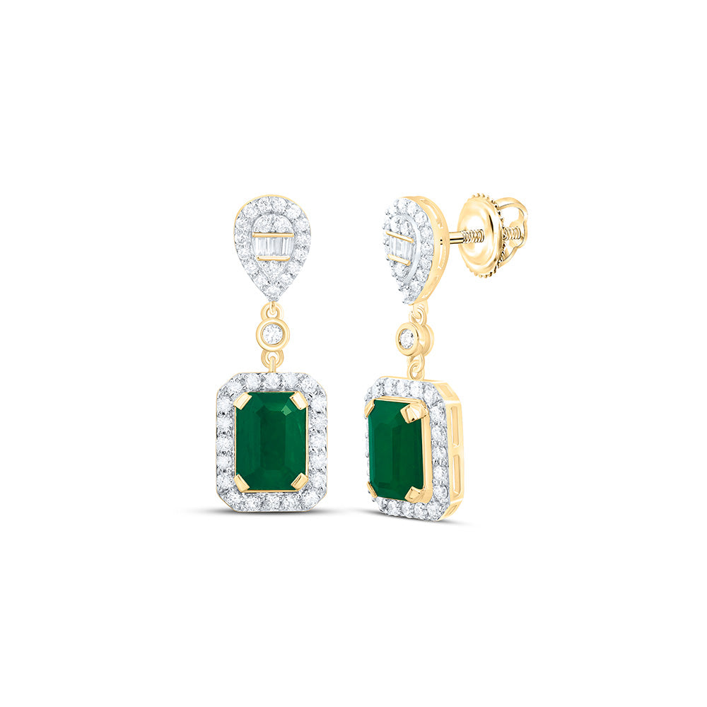 14k Gold 1/2 CTW-Natural Diamond 7X5MM Em-Em Natural Gemstone Emerald Pear Dangling Earring