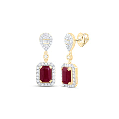 14k Gold 1/2 CTW-Natural Diamond 7X5MM Em-Ru Natural Gemstone Emerald Pear Dangling Earring