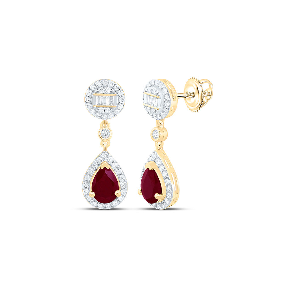 14k Gold 1/2 CTW-Natural Diamond 7X5MM Ps-Ru Natural Gemstone Pear Round Dangling Earring