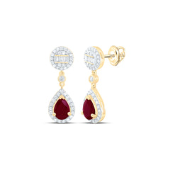 14k Gold 1/2 CTW-Natural Diamond 7X5MM Ps-Ru Natural Gemstone Pear Round Dangling Earring