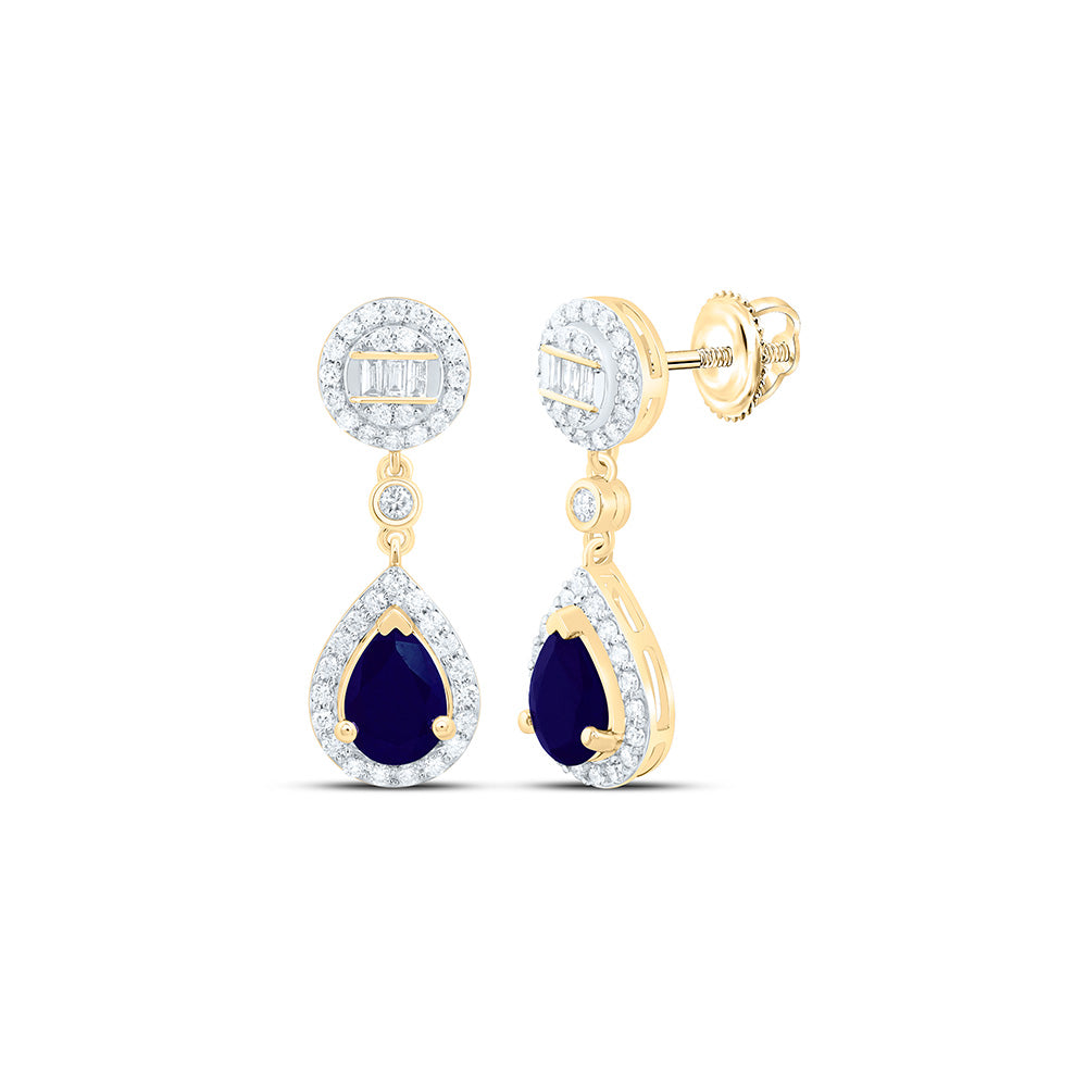 14k Gold 1/2 CTW-Natural Diamond 7X5MM Ps-Bs Natural Gemstone Pear Round Dangling Earring