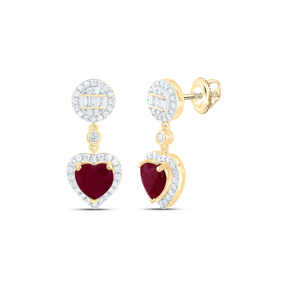 14k Gold 1/2 CTW-Natural Diamond 6MM Ht-Ru Natural Gemstone Heart Round Dangling Earring