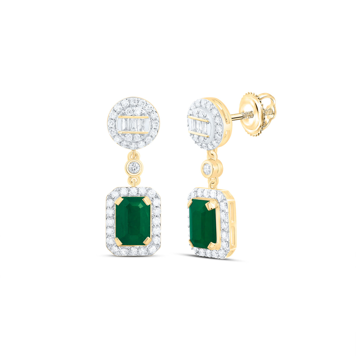 14k Gold 5/8 CTW-Natural Diamond 7X5MM Em-Em Natural Gemstone Emerald Round Dangling Earring