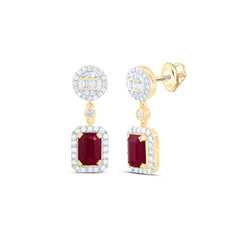 14k Gold 5/8 CTW-Natural Diamond 7X5MM Em-Ru Natural Gemstone Emerald Round Dangling Earring