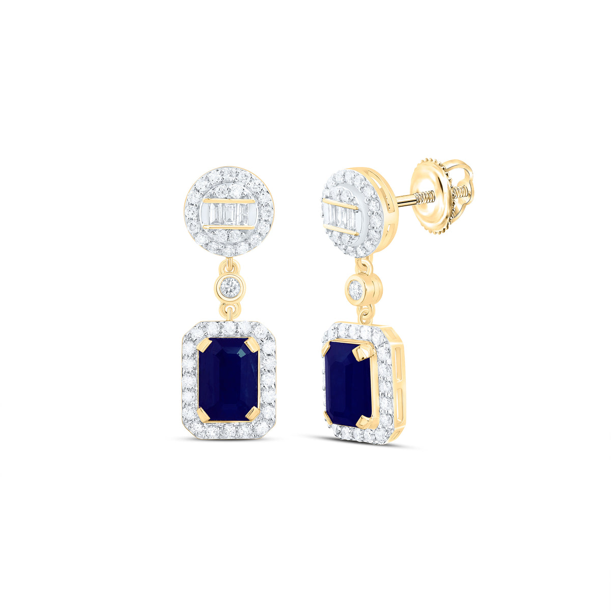 14k Gold 5/8 CTW-Natural Diamond 7X5MM Em-Bs Natural Gemstone Emerald Round Dangling Earring