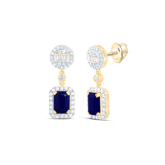 14k Gold 5/8 CTW-Natural Diamond 7X5MM Em-Bs Natural Gemstone Emerald Round Dangling Earring