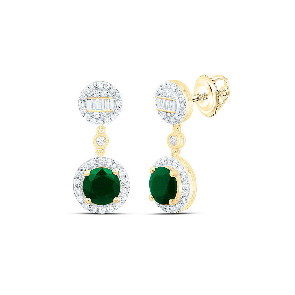 14k Gold 1/2 CTW-Natural Diamond 6MM Rd-Em Natural Gemstone Round Dangling Earring