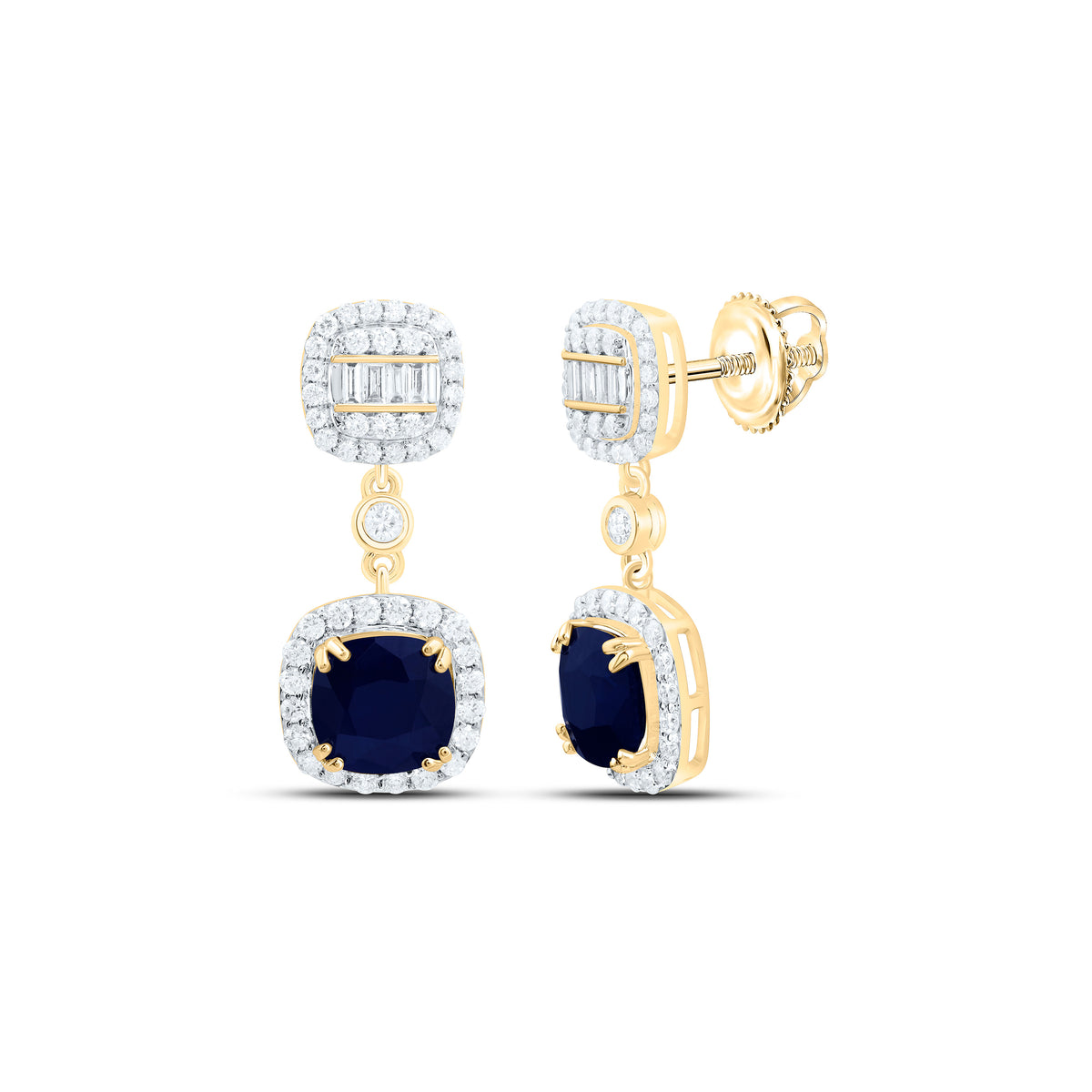 14k Gold 5/8 CTW-Natural Diamond 6MM Cu-Bs Natural Gemstone Cushion Dangling Earring