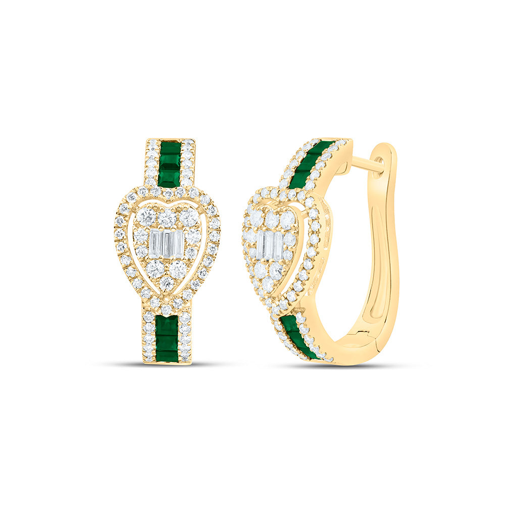 14k Gold 3/4 CTW-Natural Diamond 5/8 Ct-Pr-Em Natural Gemstone Heart Hoop Earring