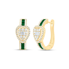 14k Gold 3/4 CTW-Natural Diamond 5/8 Ct-Pr-Em Natural Gemstone Heart Hoop Earring
