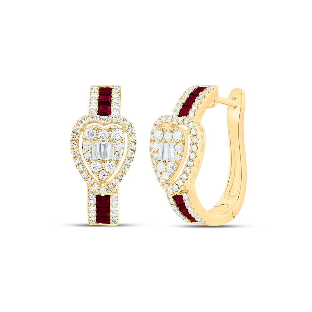 14k Gold 3/4 CTW-Natural Diamond 3/4 Ct-Pr-Ru Natural Gemstone Heart Hoop Earring