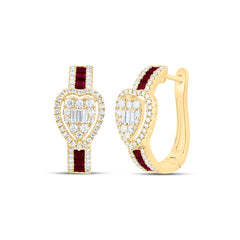 14k Gold 3/4 CTW-Natural Diamond 3/4 Ct-Pr-Ru Natural Gemstone Heart Hoop Earring