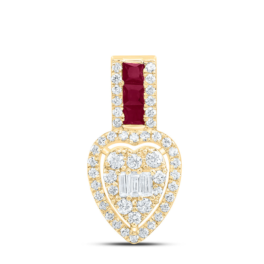14k Gold 1/3 CTW-Natural Diamond 1/5 Ct-Pr-Ru Natural Gemstone Heart Pendant