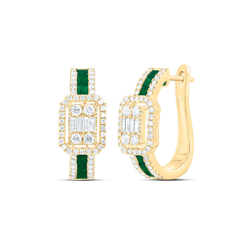14k Gold 3/4 CTW-Natural Diamond 1/2 Ct-Pr-Em Natural Gemstone Emerald Hoop Earring