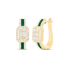 14k Gold 3/4 CTW-Natural Diamond 1/2 Ct-Pr-Em Natural Gemstone Emerald Hoop Earring