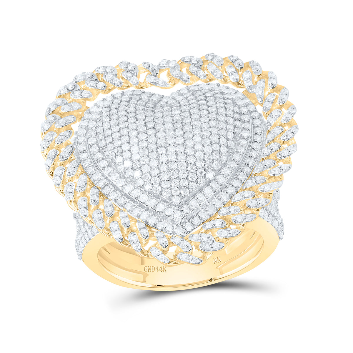 14k Gold 1 7/8 CTW-Natural Diamond Fashion Cuban Heart Ring