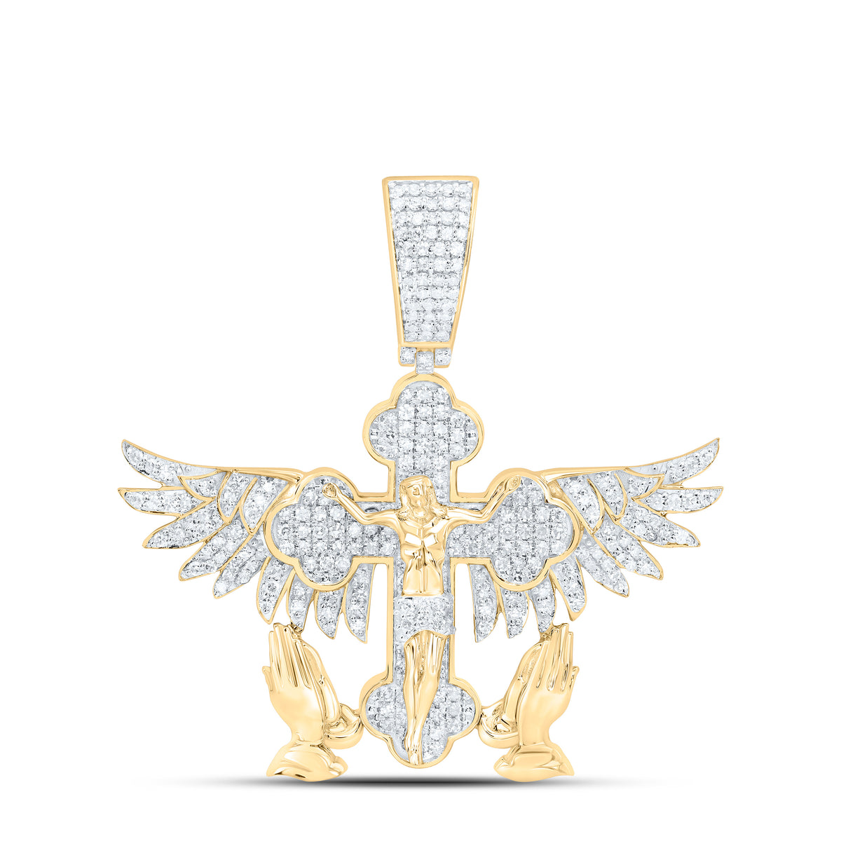 10k Gold 1 CTW-Natural Diamond Praying Hand Cross Wings Jesus Mens Charm