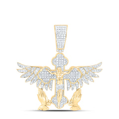 10k Gold 1 CTW-Natural Diamond Praying Hand Cross Wings Jesus Mens Charm