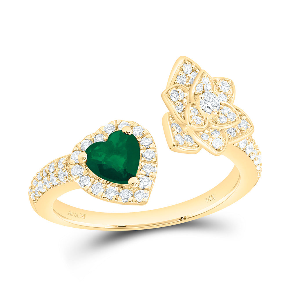 14k Gold 1/2 CTW-Natural Diamond 5MM-Ht-Em Natural Gemstone Flower Heart Ring