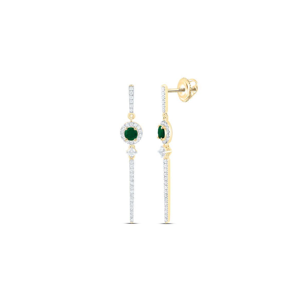 14k Gold 1/2 CTW-Natural Diamond 4MM Rd-Em Natural Gemstone Round Dangling Earring