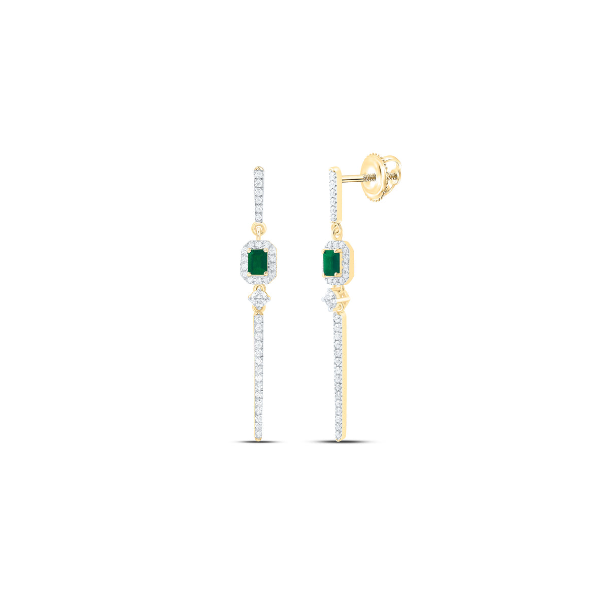 14k Gold 1/2 CTW-Natural Diamond 4X3MM-Em-Em Natural Gemstone Emerald Dangling Earring