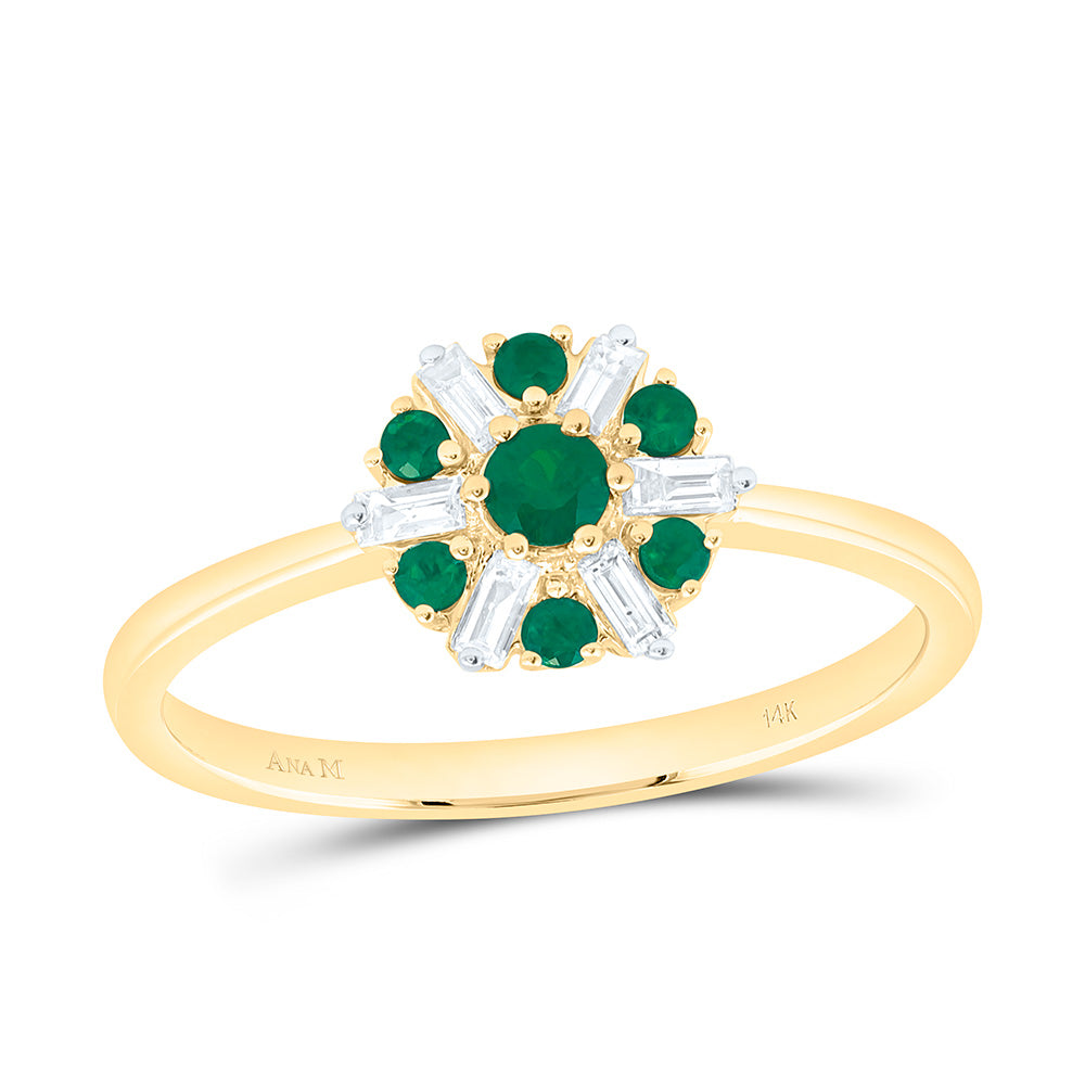 14k Gold 1/8 CTW-Natural Diamond 1/6 Ct-Rd-Em Natural Gemstone Flower Ring