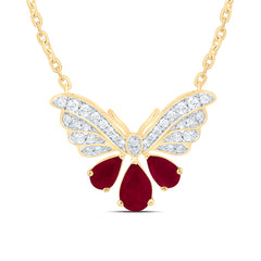 14k Gold 1/5 CTW-Natural Diamond 3/4 Ct-Ps-Ru Natural Gemstone Butterfly Necklace (18 Inch )