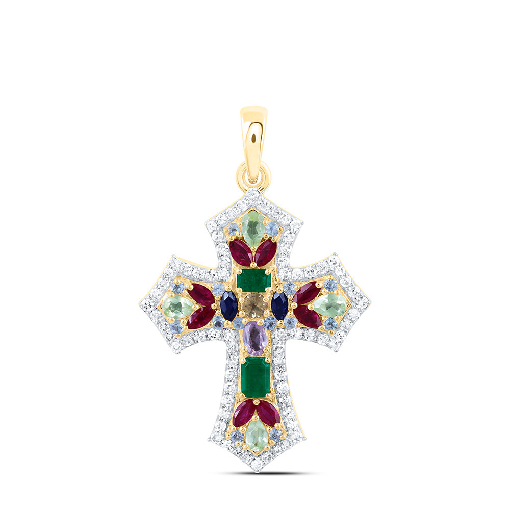 10k Gold 1/3 CTW-Natural Diamond 1 Ct-Natural Gemstone Multi Clear Sapphire Cross Pendant