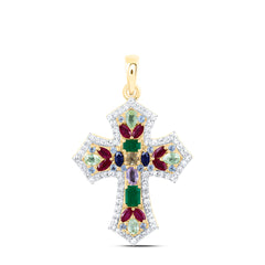 10k Gold 1/3 CTW-Natural Diamond 1 Ct-Natural Gemstone Multi Clear Sapphire Cross Pendant