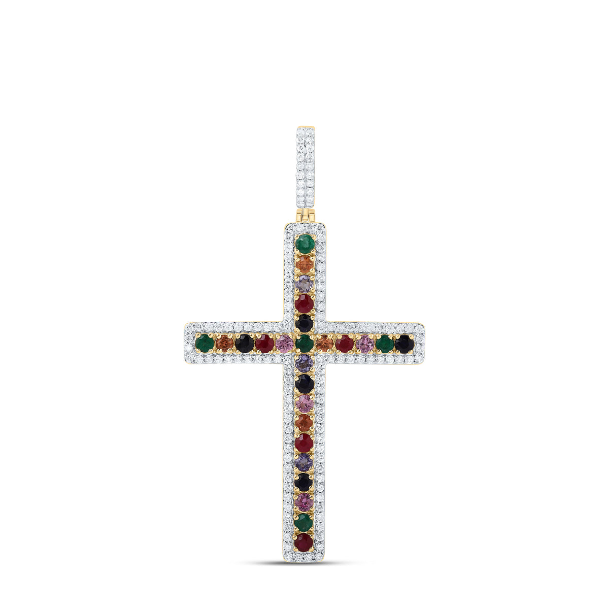 10k Gold 5/8 CTW-Natural Diamond 1 1/5 Ct-Rd-Natural Gemstone Multi Clear Sapphire Cross Pendant