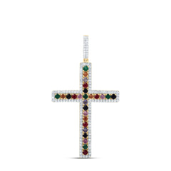 10k Gold 5/8 CTW-Natural Diamond 1 1/5 Ct-Rd-Natural Gemstone Multi Clear Sapphire Cross Pendant
